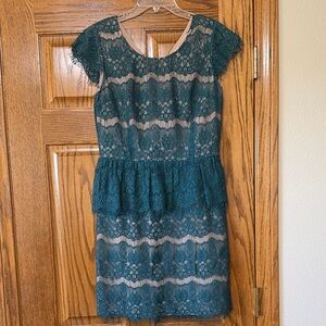 Maeve Teal Lace Sheath Dress with Peplum Detail